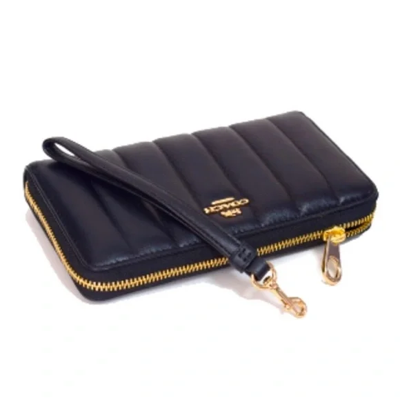 Coach Black Leather Long Zip Around Wallet W/ Quilting and Clutch wristlet strap